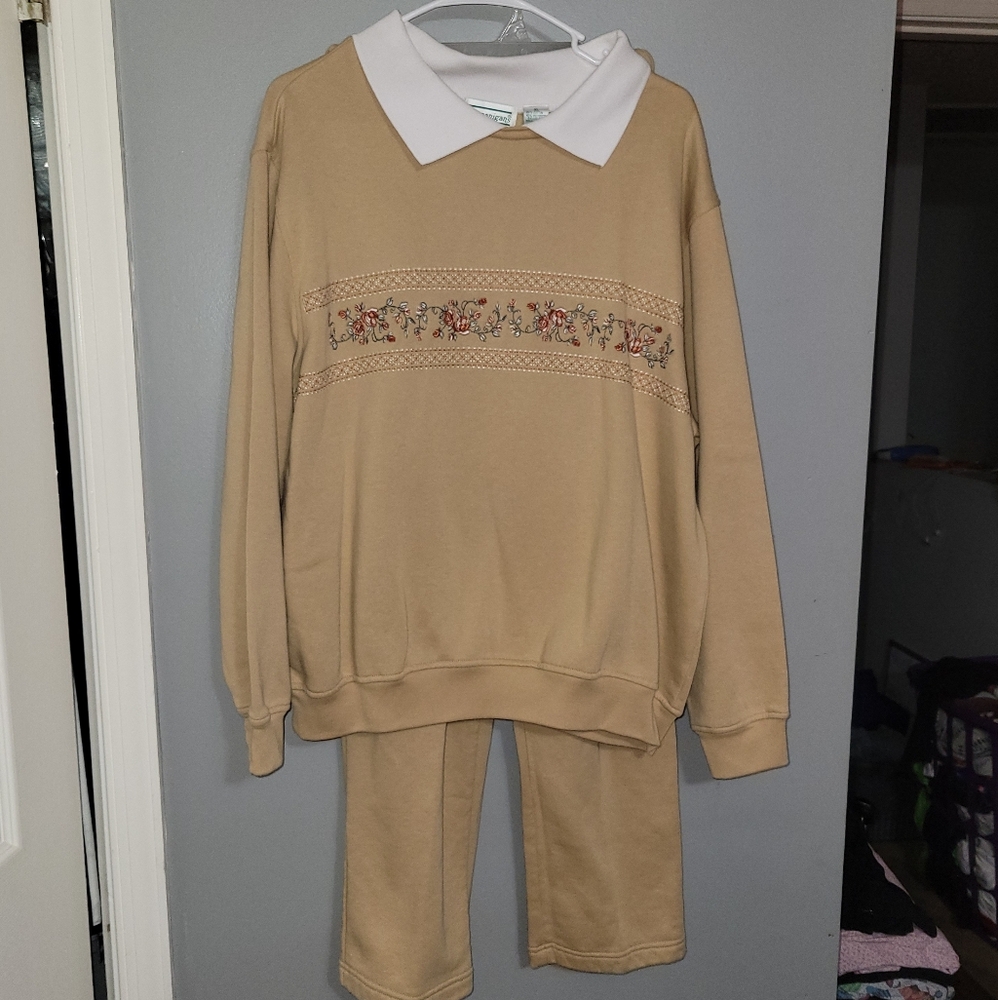 Vtg Shenanigans Sweatshirt Womens XL Tan Collared Pullover Sweatpants Set 2 Pc